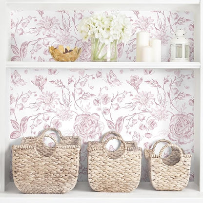 Yasinet Pink Floral Wallpaper Boho Peel and Stick Wallpaper Pink and White - Image 4