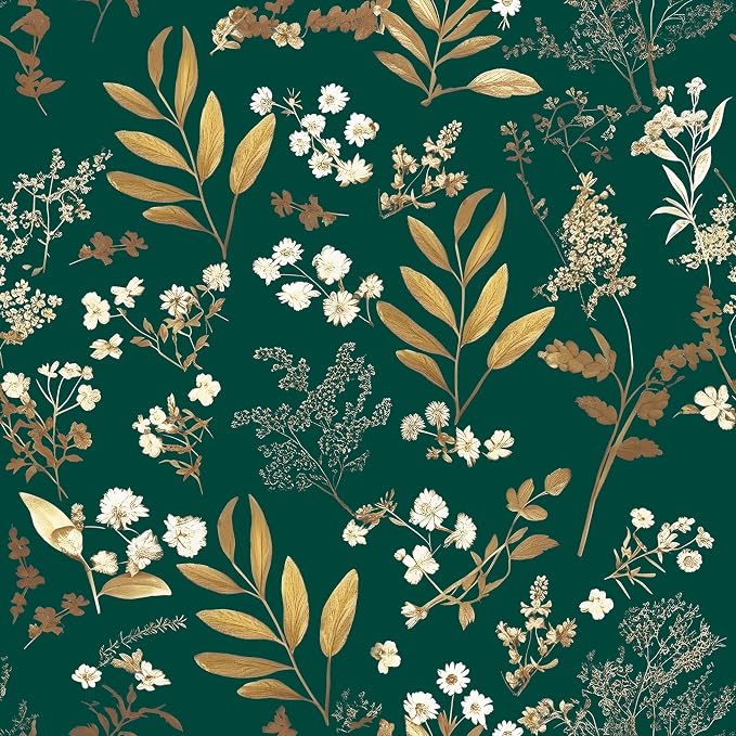Dark Green Floral Wallpaper Peel and Stick Green Golden Leaf Wallpaper Vintage by Laatse