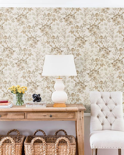 Erfoni 16.9" x118" Boho Floral Peel and Stick Wallpaper Beige Flower and Leaf - Image 6
