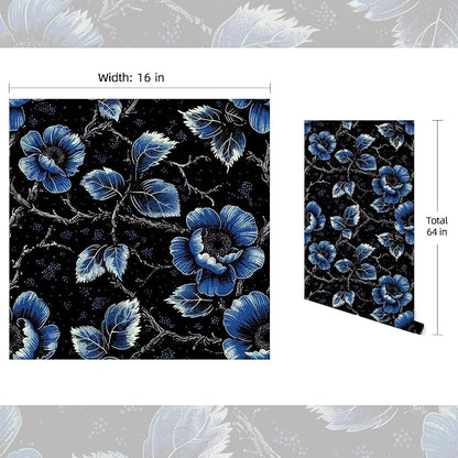 FLFK Black Wallpaper Peel and Stick Dark Blue Floral Wallpaper 16" x 64" - Image 2