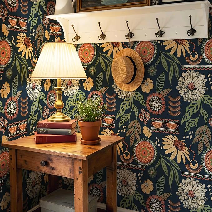 Simon&Siff Boho Peel and Stick Wallpaper, 17.3" x 480" Blue Sun Floral Retro - Image 5