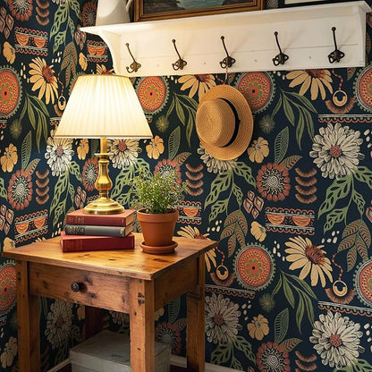Simon&Siff Boho Peel and Stick Wallpaper, 17.3" x 800" Blue Sun Floral Retro - Image 4