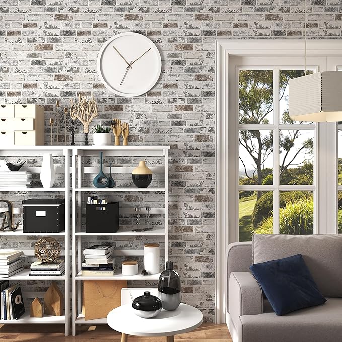 Brick Wallpaper Peel and Stick Wallpaper 17.3"x787" Grey and White 3D Brick - Image 4