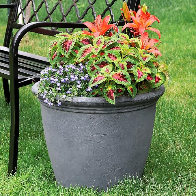 Sunnydaze 20-Inch Anjelica Large Plastic Pot for Plants - Outdoor Polyresin Round Planter with Drillable Drainage Holes - Slate