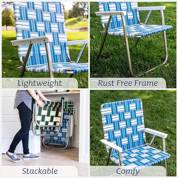 Lawn Chair USA Folding Aluminum Outdoor Patio Lawn Chair | Heavy-Duty Webbed Chairs for Camping, Sports, Beach, Yard & Tailgating | Lightweight Portable | Classic - Black with Black Arms