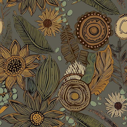 Grey Boho Wallpaper Peel and Stick, Vintage Green Yellow Floral Contact Paper by Laatse