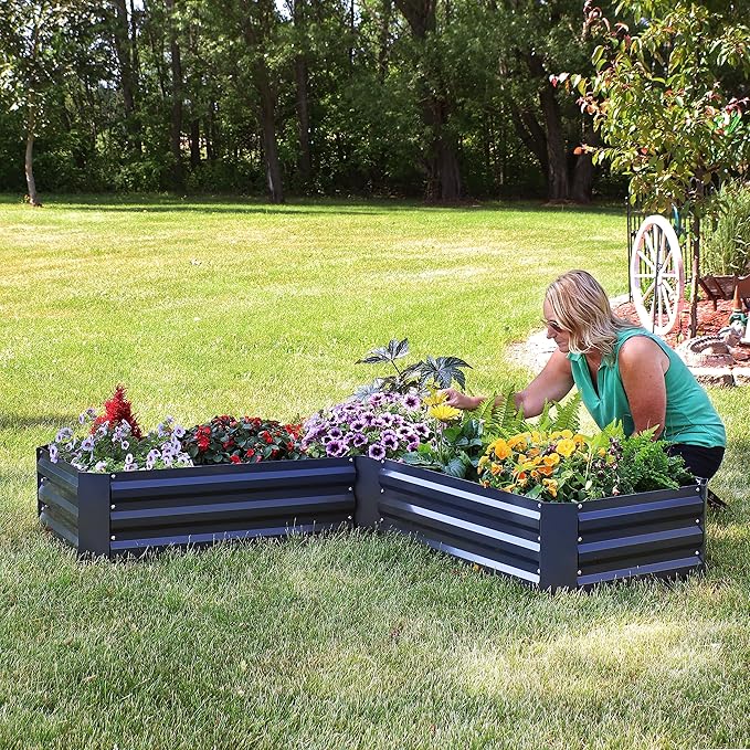 Sunnydaze 11.75" H Raised Metal Garden Bed - Galvanized Raised Garden Bed Outdoor for Vegetables and Flowers - Dark Gray - L-Shaped