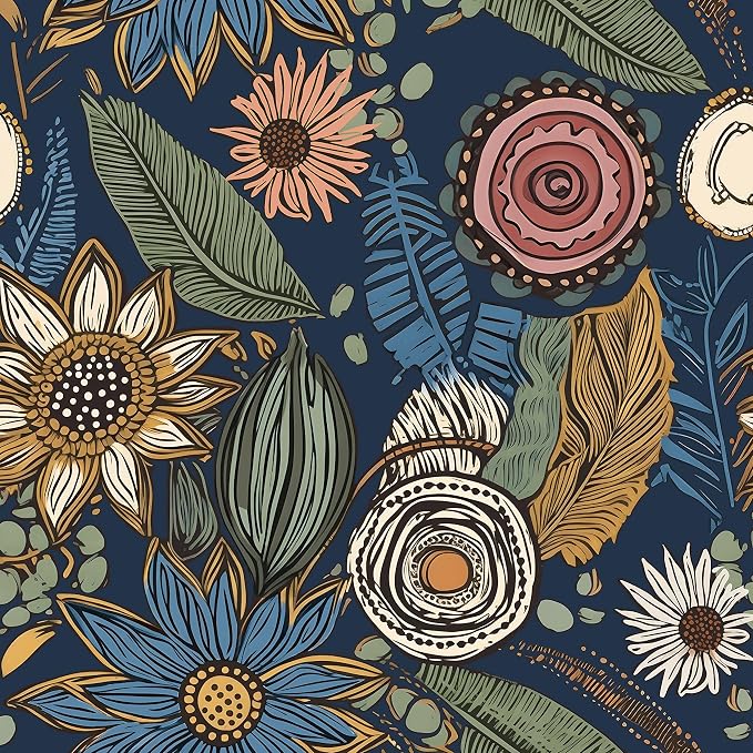 Blue Boho Wallpaper Peel and Stick, Vintage Floral Contact Paper 17.5" x 393.7" by Laatse