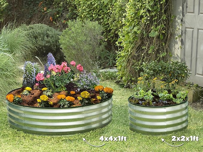 Round Galvanized Raised Garden Bed // 4×4×1 ft (2-Pack) Galvanized Raised Garden Beds Outdoor for Gardening, Vegetables, Flowers // Patented Tool-Free Design Round Planter (Silver)