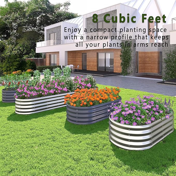KFN 2PCS 8x1.8x1FT Galvanized Raised Garden Bed,Raised Garden Bed Kit-Oval Metal Vegetable Box,Large Planter Flower Boxes Outdoor,Planting for Vegetables,Flower,Herb,Grey,0.7mm