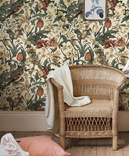 Erfoni 17.3" x197" Beige Retro Floral and Bird Contact Paper Vintage Peel and - Image 6