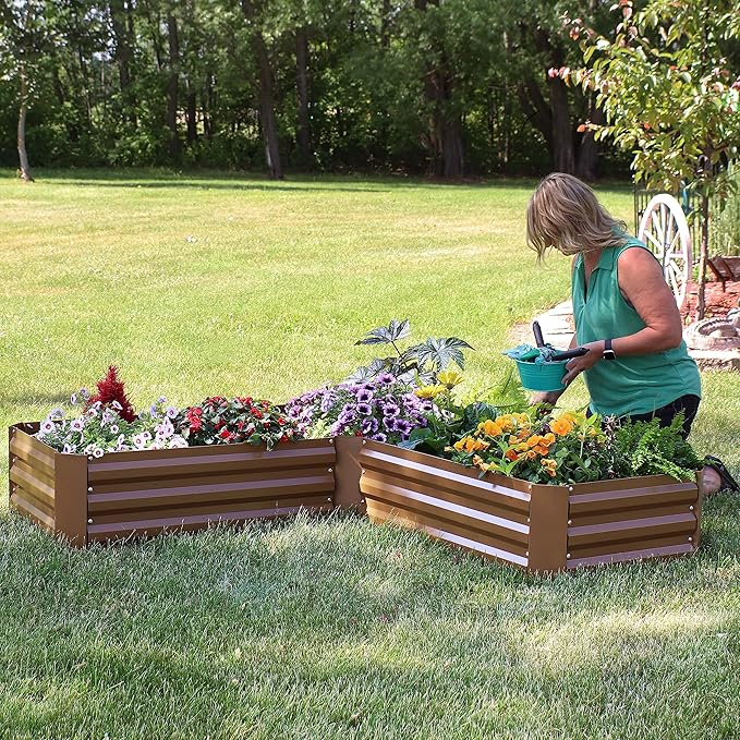 Sunnydaze 11.75" H Raised Metal Garden Bed - Galvanized Raised Garden Bed Outdoor for Vegetables and Flowers - Brown - L-Shaped