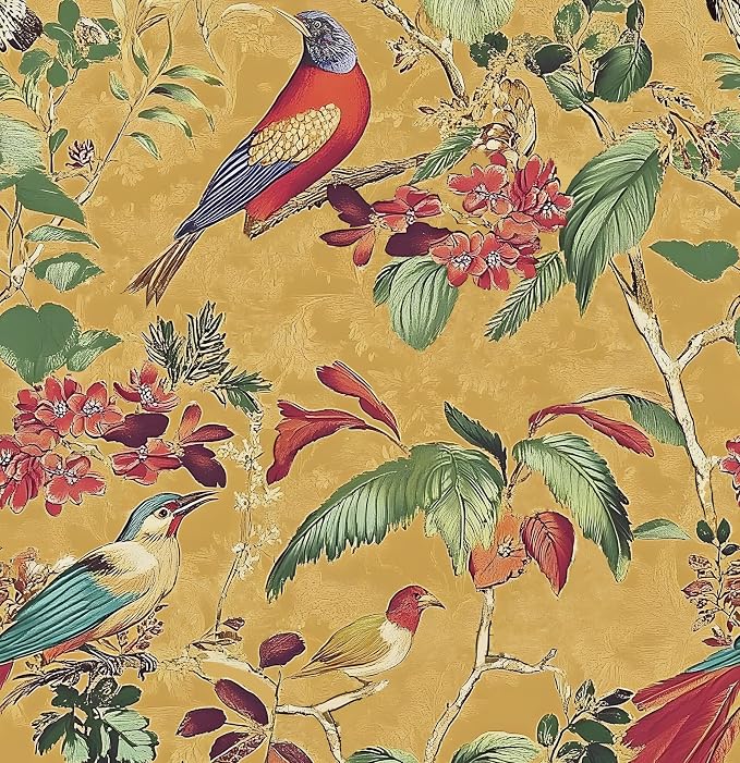 Yellow Boho Wallpaper Peel and Stick, Vintage Floral Bird Contact Paper by Laatse