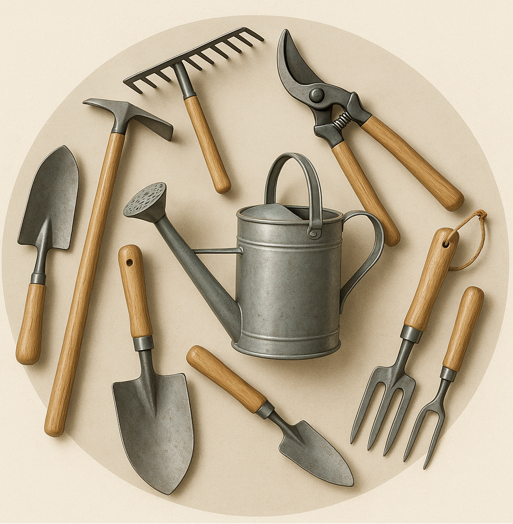 circle photo od garden tools